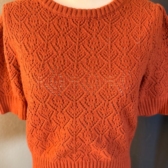 Marled Rust Orange Pointelle Knit Puff Short Sleeve Sweater Top Womens Large - Picture 5 of 8